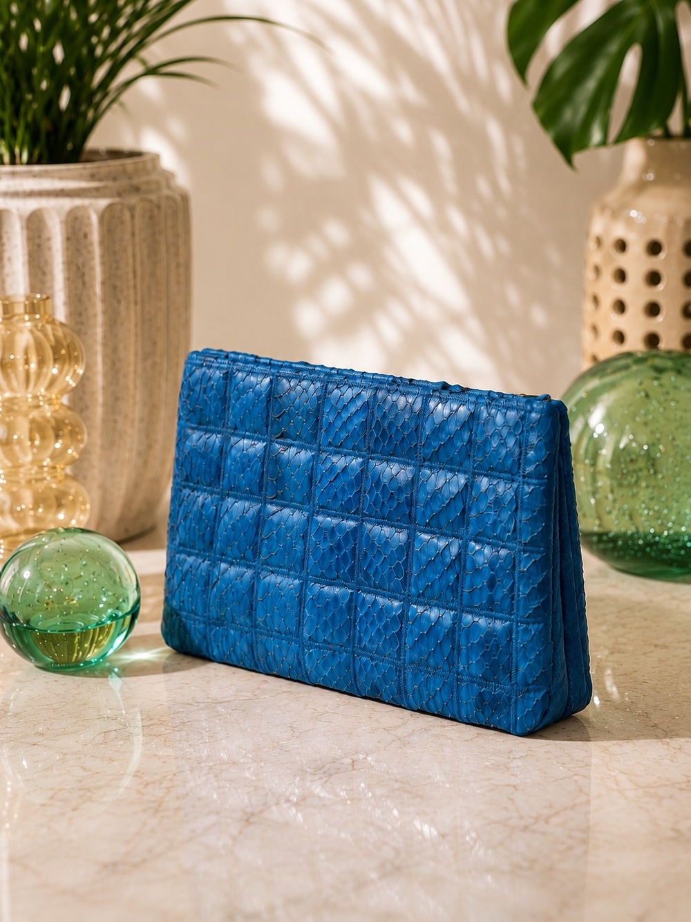 Cobalt Blue Snakeskin Quilted Clutch | Exotic Python Statement Bag